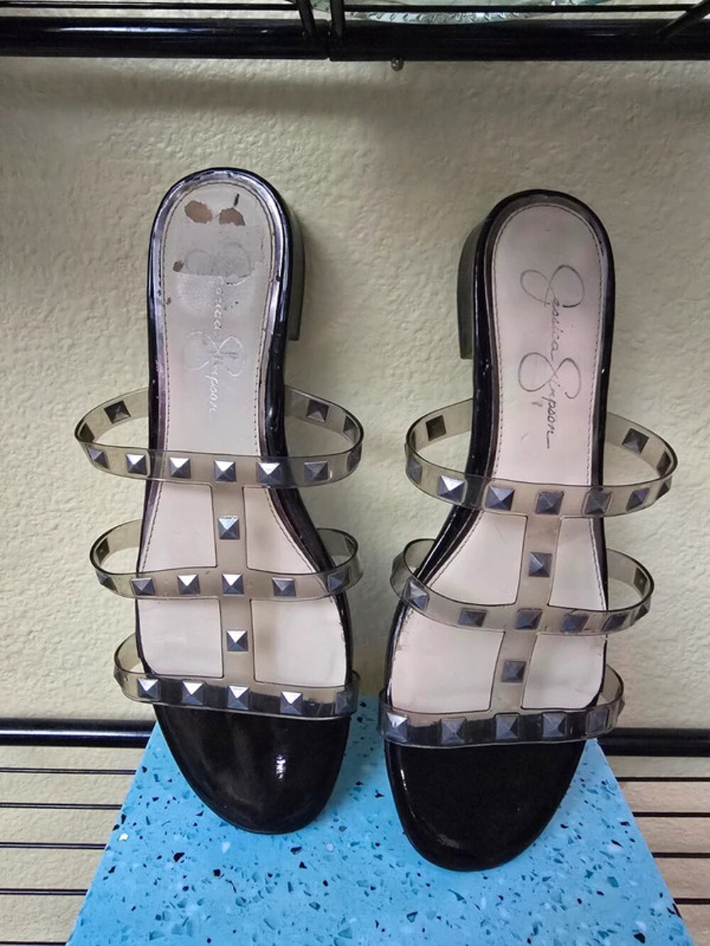 Jessica Simpson Black Studded Flat Slip Slide Sandals Size 8